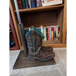 Justin Raya boots brown and teal cowgirl boots scalloped edge sz 7b euc